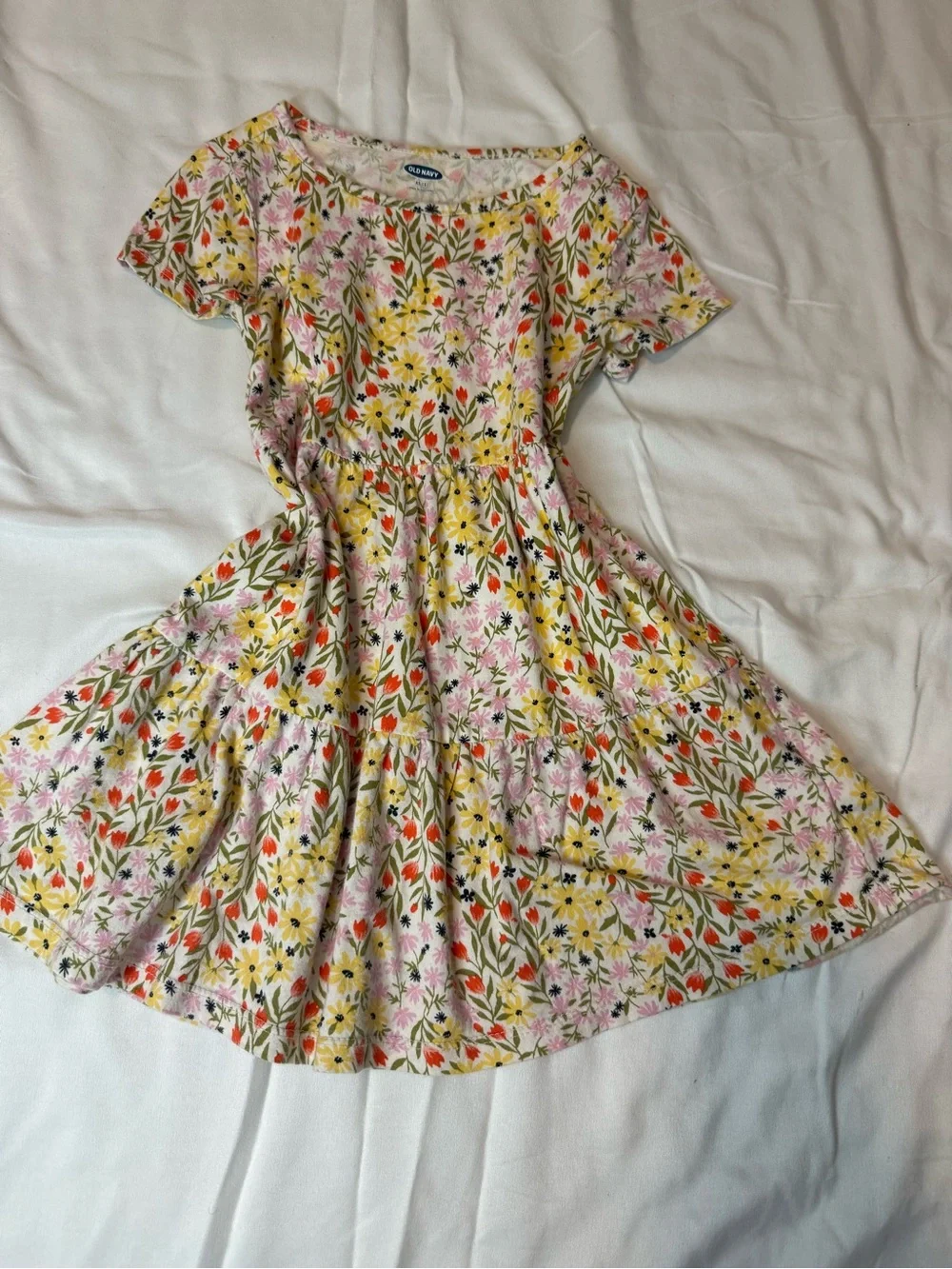 Old Navy Floral Tiered Short-Sleeve Dress - Pink, Yellow, Red